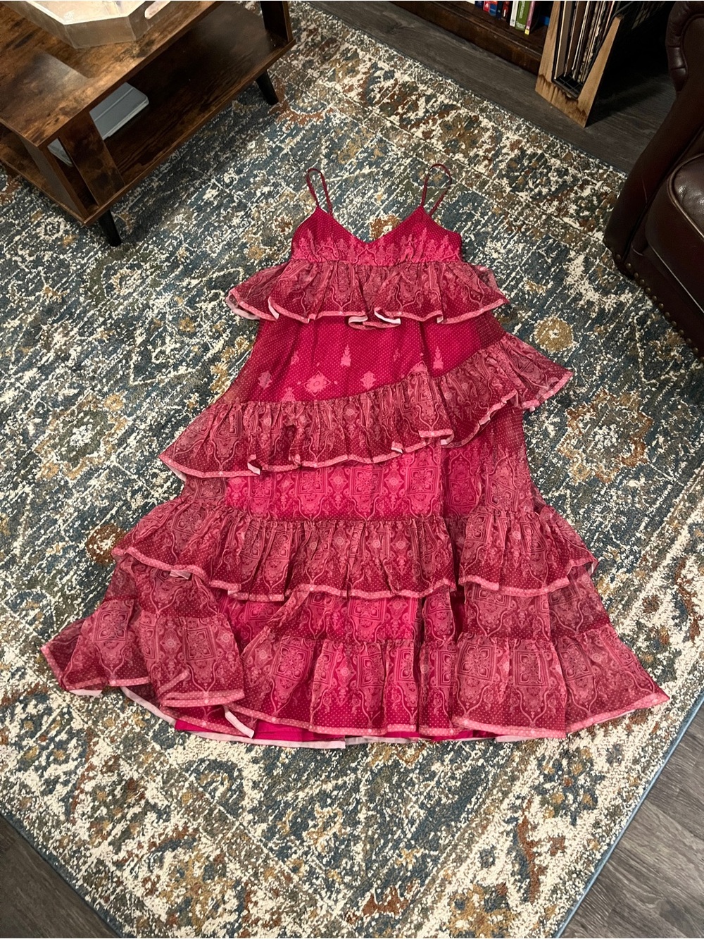 Anthropologie Hot Pink Tiered Ruffle Maxi Dress